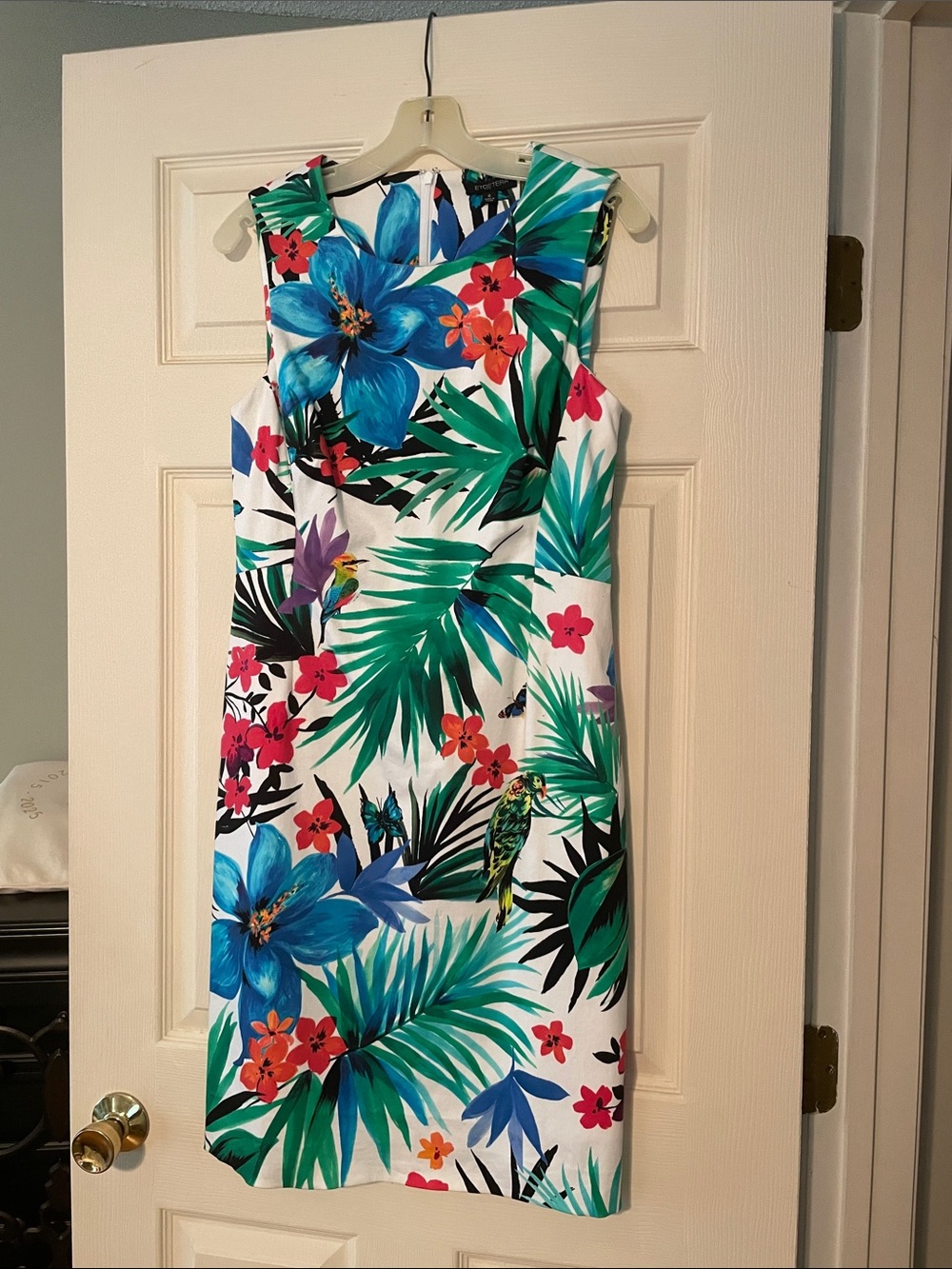 Etcetera White Tropical Floral Sheath Dress with Blue & Green Accents